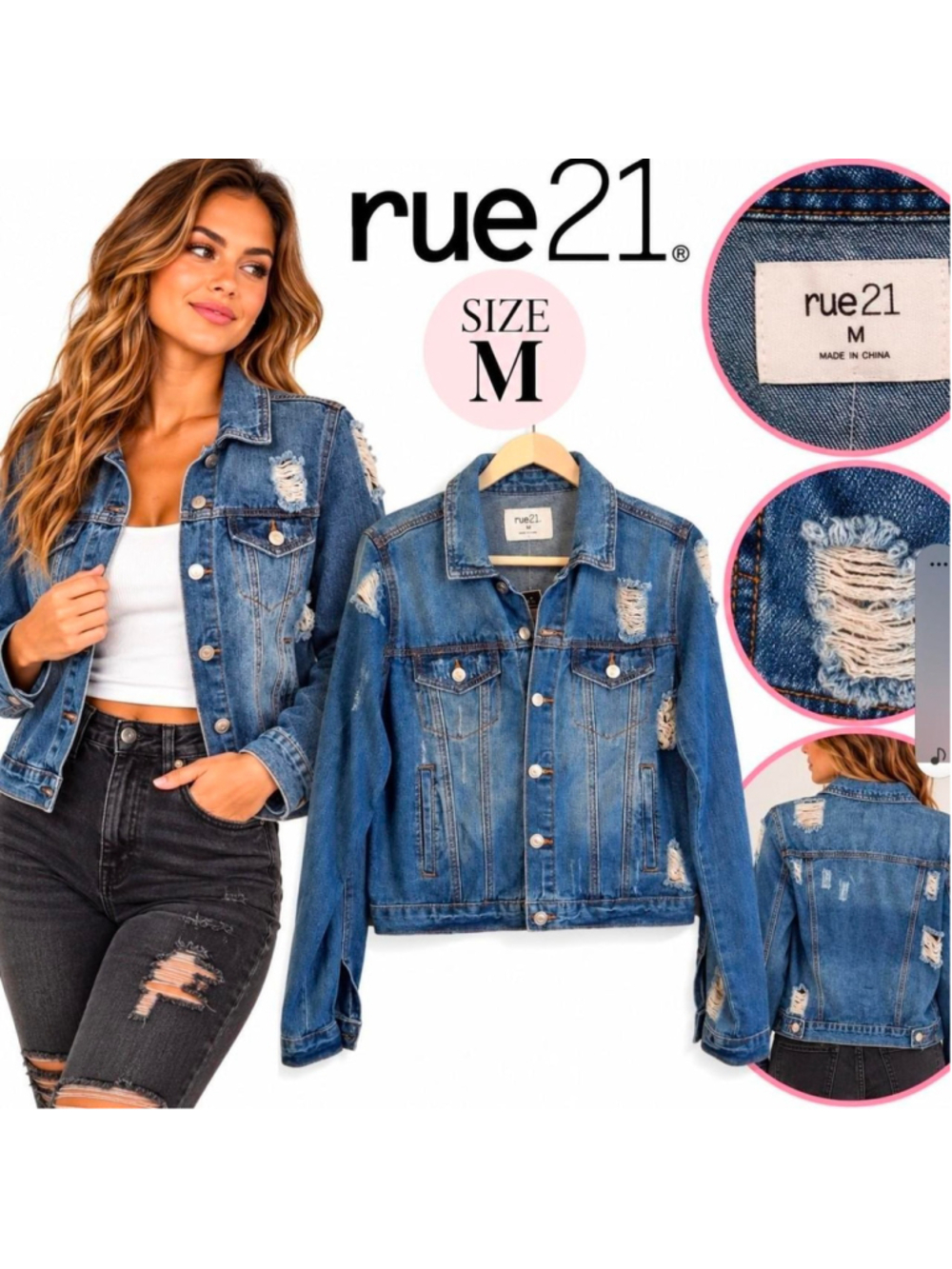 Rue21 Distressed Denim Jean Jacket Medium NWT Y2K Grunge